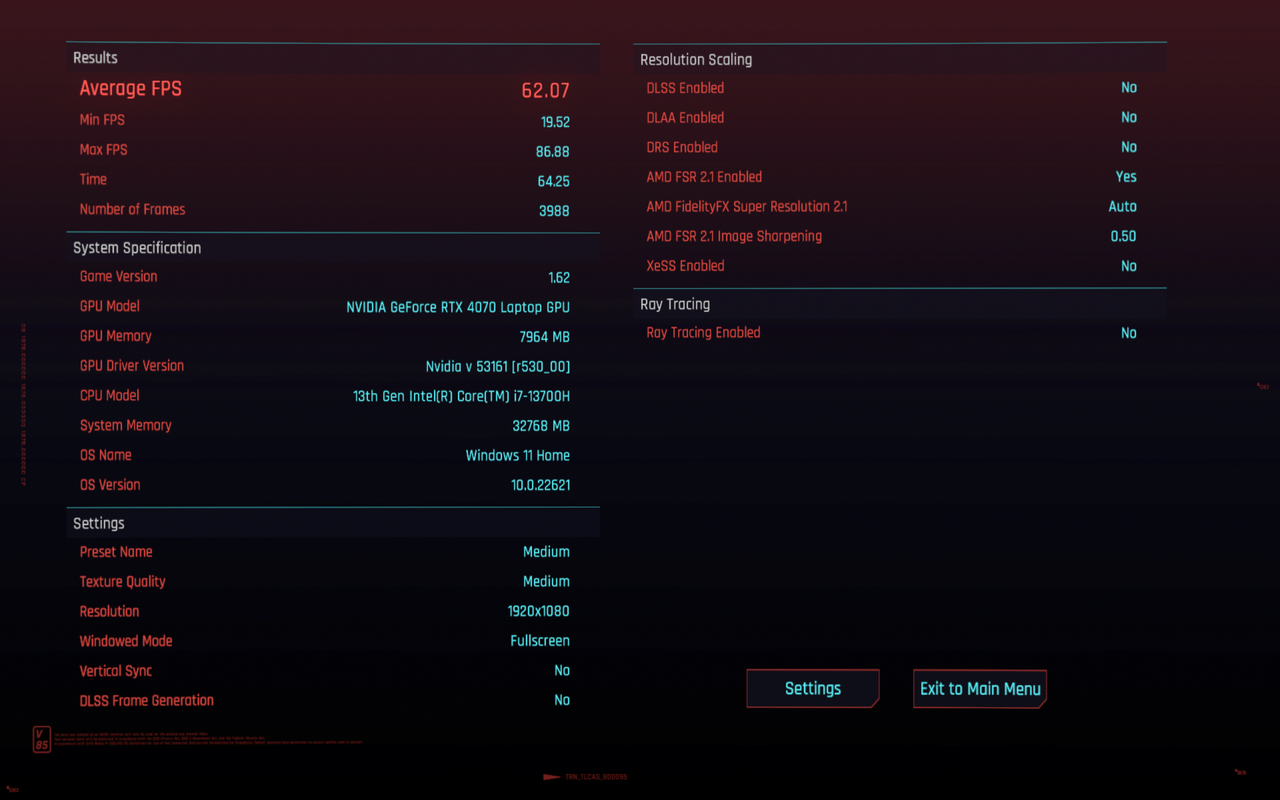 Dell XPS 15 (9530) Cyberpunk 2077 benchmark.