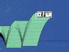 A one hundred dollar bill bouncing three times on a blue background