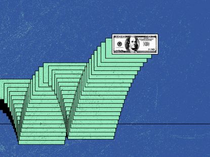 A one hundred dollar bill bouncing three times on a blue background