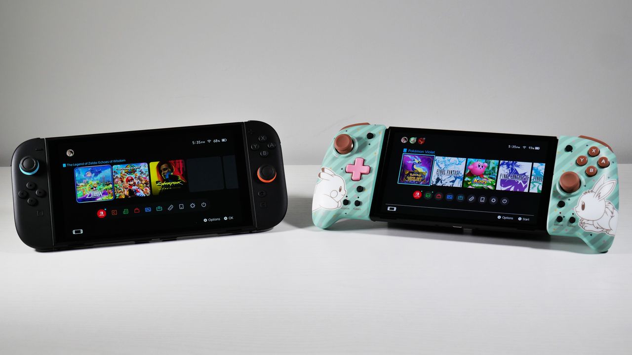 Nintendo Switch 2 and Switch OLED side by side, highlighting the Switch OLED's Hori Split Pad Pro.