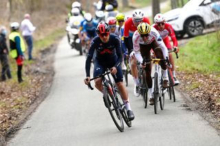 NINOVE, BELGIUM - FEBRUARY 27 : during the Flanders Classics 76th Omloop Het Nieuwsblad cycling race with start in Ghent and finish in Ninove on February 27, 2021 in Ninove, Belgium, 27/02/2021 ( Motordriver Kenny Verfaillie - Photo by Nico Vereecken / Photo News