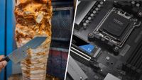 cutting hen Turkish food Doner Kebab on the left hand side, and 4 TB Nextorage gaming SSD in a PC on the right