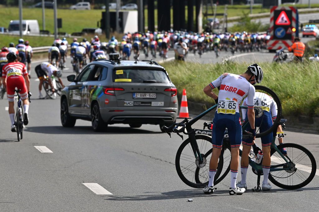 LEUVEN BELGIUM SEPTEMBER 24 Oliver Stockwell of The United Kingdom and Robert Donaldson of The United Kingdom involved in a crash during the 94th UCI Road World Championships 2021 Men U23 Road Race a 1609km race from Antwerp to Leuven flanders2021 on September 24 2021 in Leuven Belgium Photo by Dirk Waem PoolGetty Images