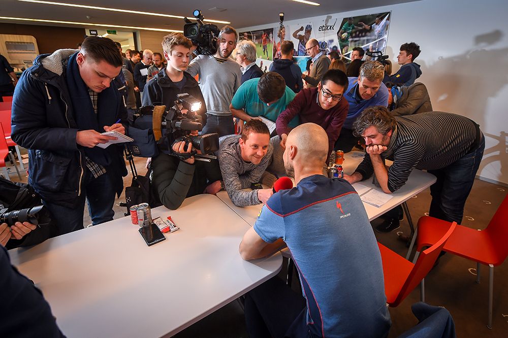 Tom Boonen mobbed by the media before Paris-Roubaix