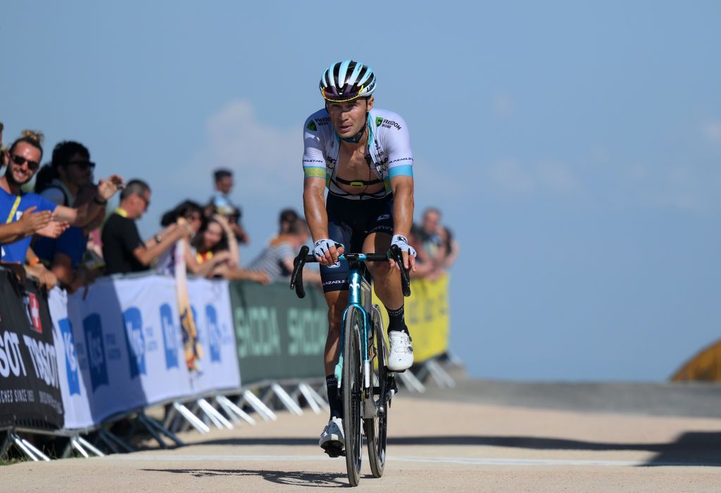 PUY DE DME FRANCE JULY 09 Alexey Lutsenko of Kazakhstan and Astana Qazaqstan Team crosses the finish line during the stage nine of the 110th Tour de France 2023 a 1824km stage from SaintLonarddeNoblat to Puy de Dme 1412m UCIWT on July 09 2023 in Puy de Dme France Photo by David RamosGetty Images