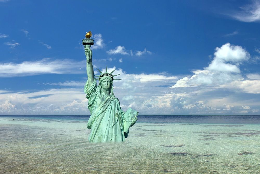 new york post nuclear apocalypse scene with statue of liberty on the beach