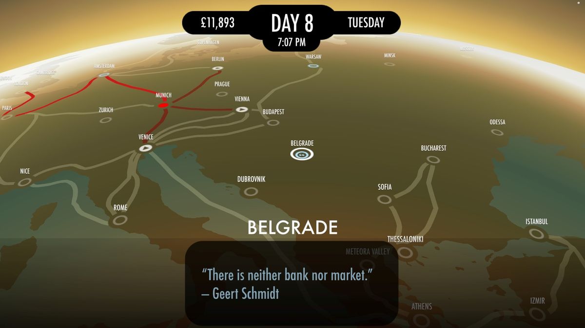 A wide view of the map in 80 Days, showing various routes and cities.