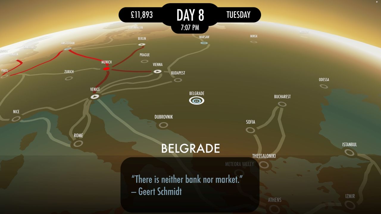 A wide view of the map in 80 Days, showing various routes and cities.