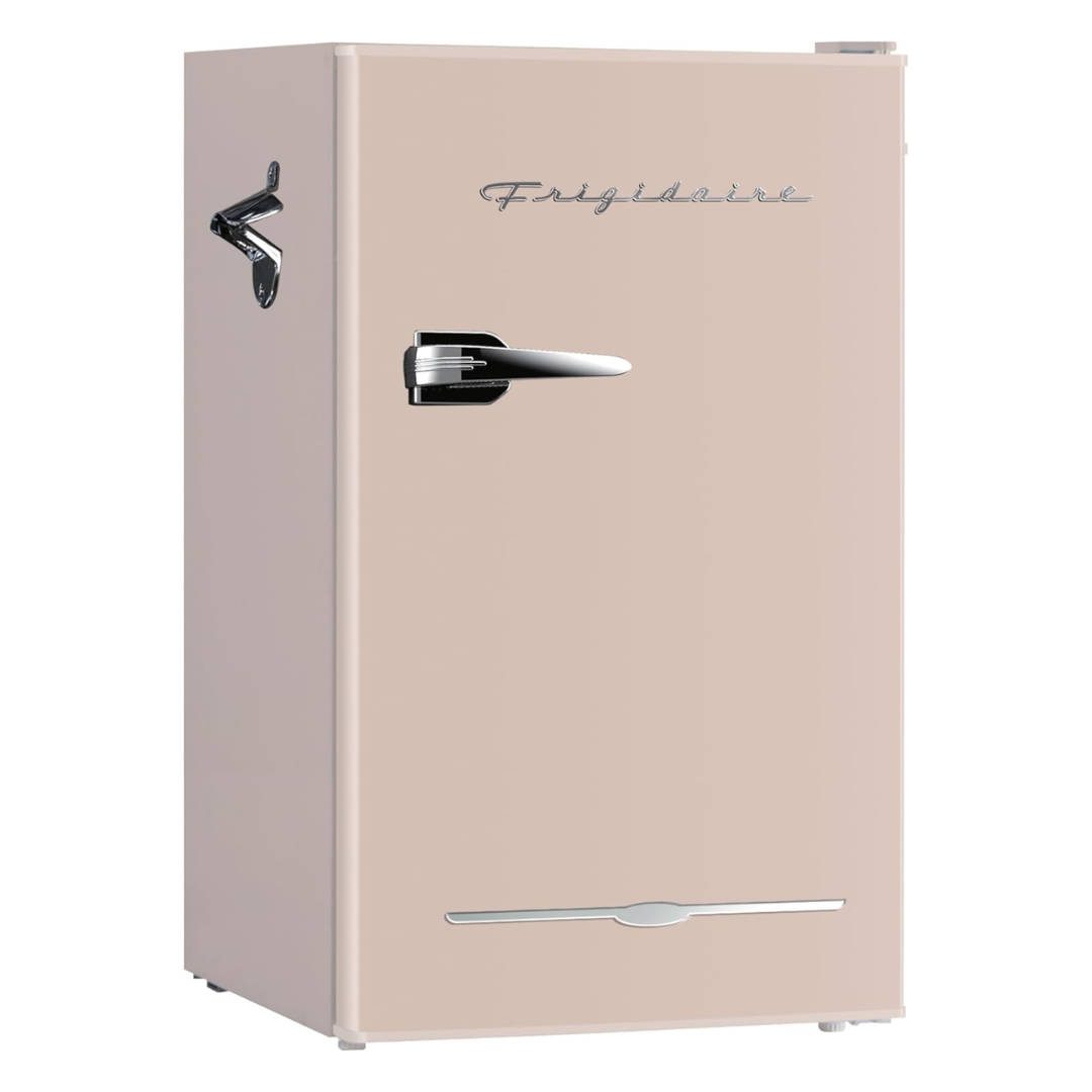 Frigidaire Retro Compact Fridge With Chiller, 3.2 Cu Ft Countertop Fridge With Built-In Bottle Opener, Compact Refrigerator for Office, Bedroom, Dorm Room or Cabin - 16.5" D X 19" W X 31" H (coral)