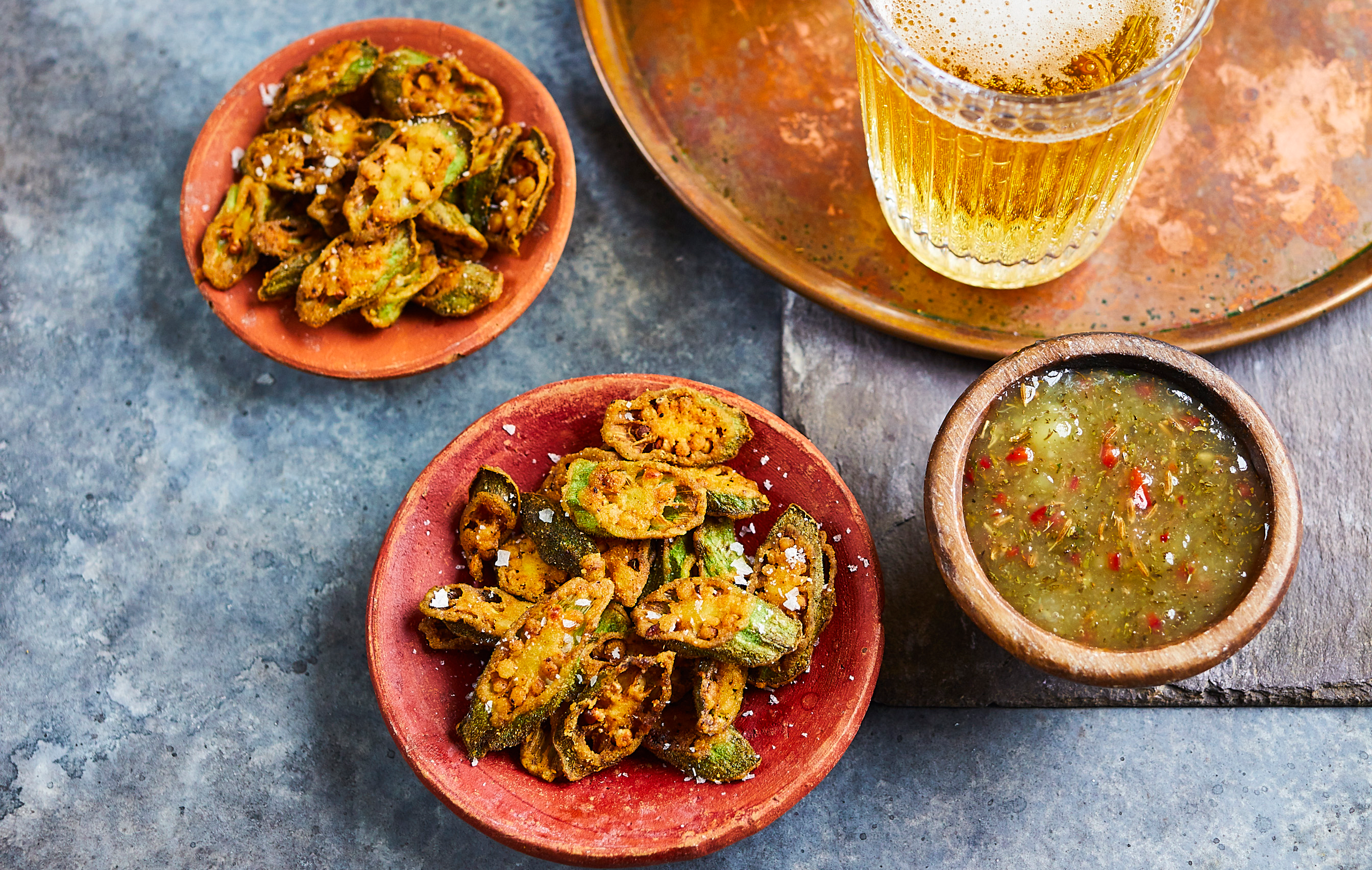 Crisp-fried okra with mango relish recipe