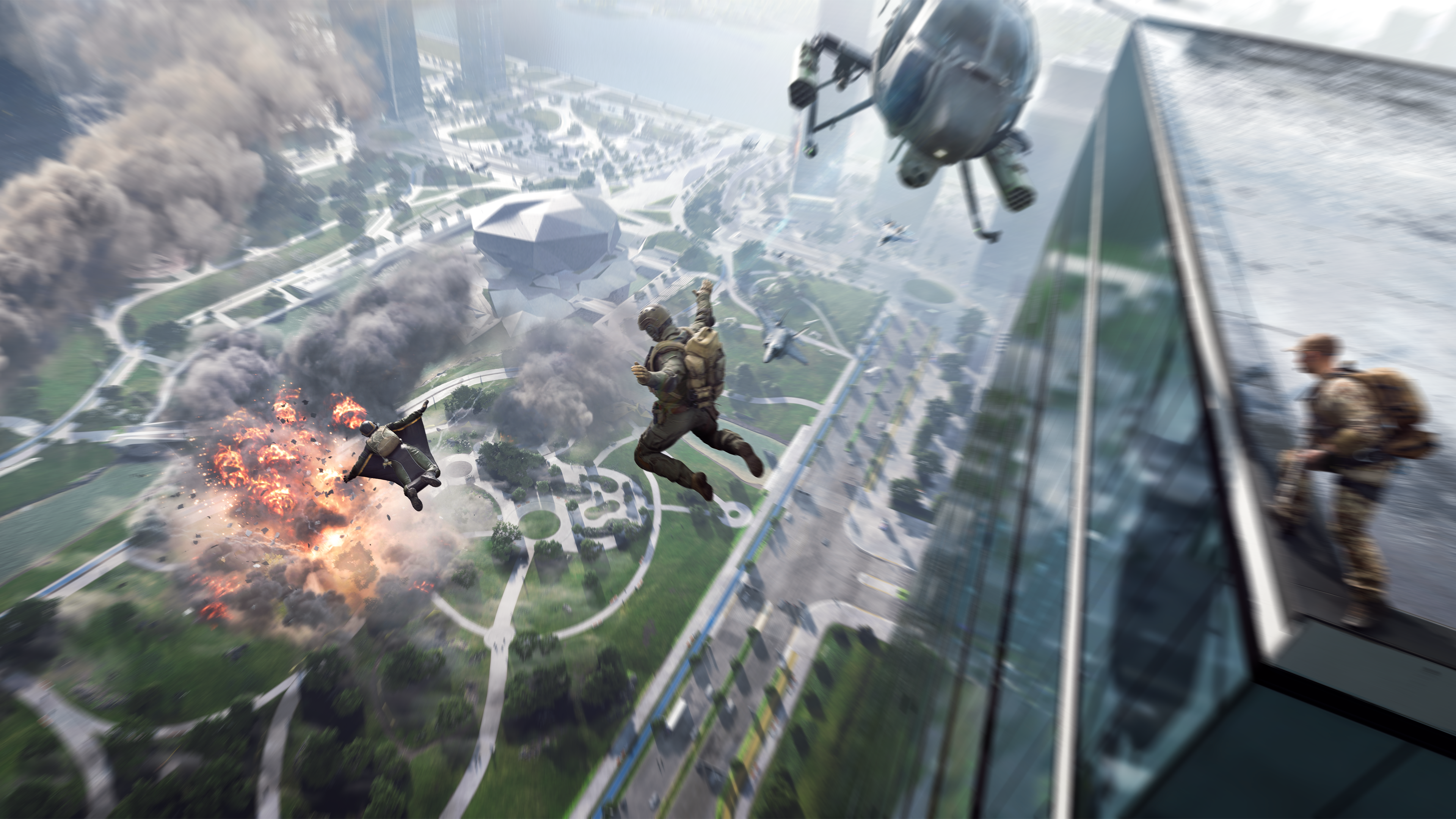 Battlefield 2042 soldiers dropping into a city battlefield