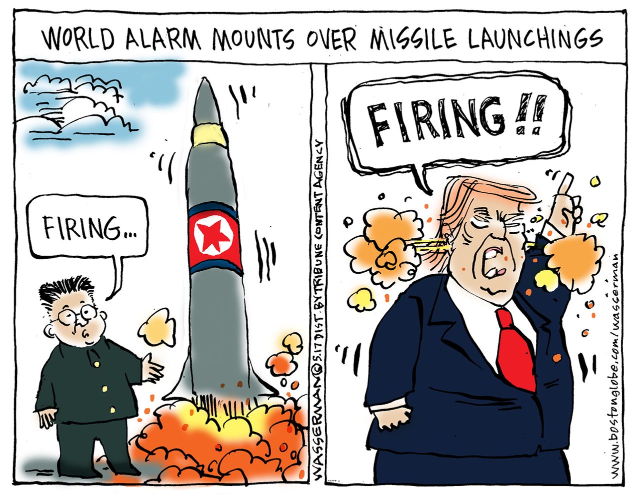 Political Cartoon U.S. Trump North Korea Kim Jong Un Missiles Firings