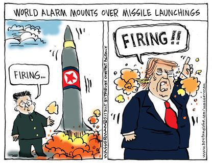 Political Cartoon U.S. Trump North Korea Kim Jong Un Missiles Firings
