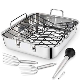 Rorence Roasting Pan With Rack: 16-Inch Stainless Steel Rectangular Turkey Roaster Pan With Nonstick V-Shaped Rack for Thanksgiving Christmas – Set of 5