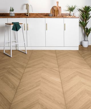 modern white kitchen with herringbone porcelain floor tiles