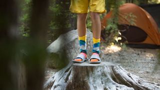 A boy standing on tree stump wearing socks and sandals