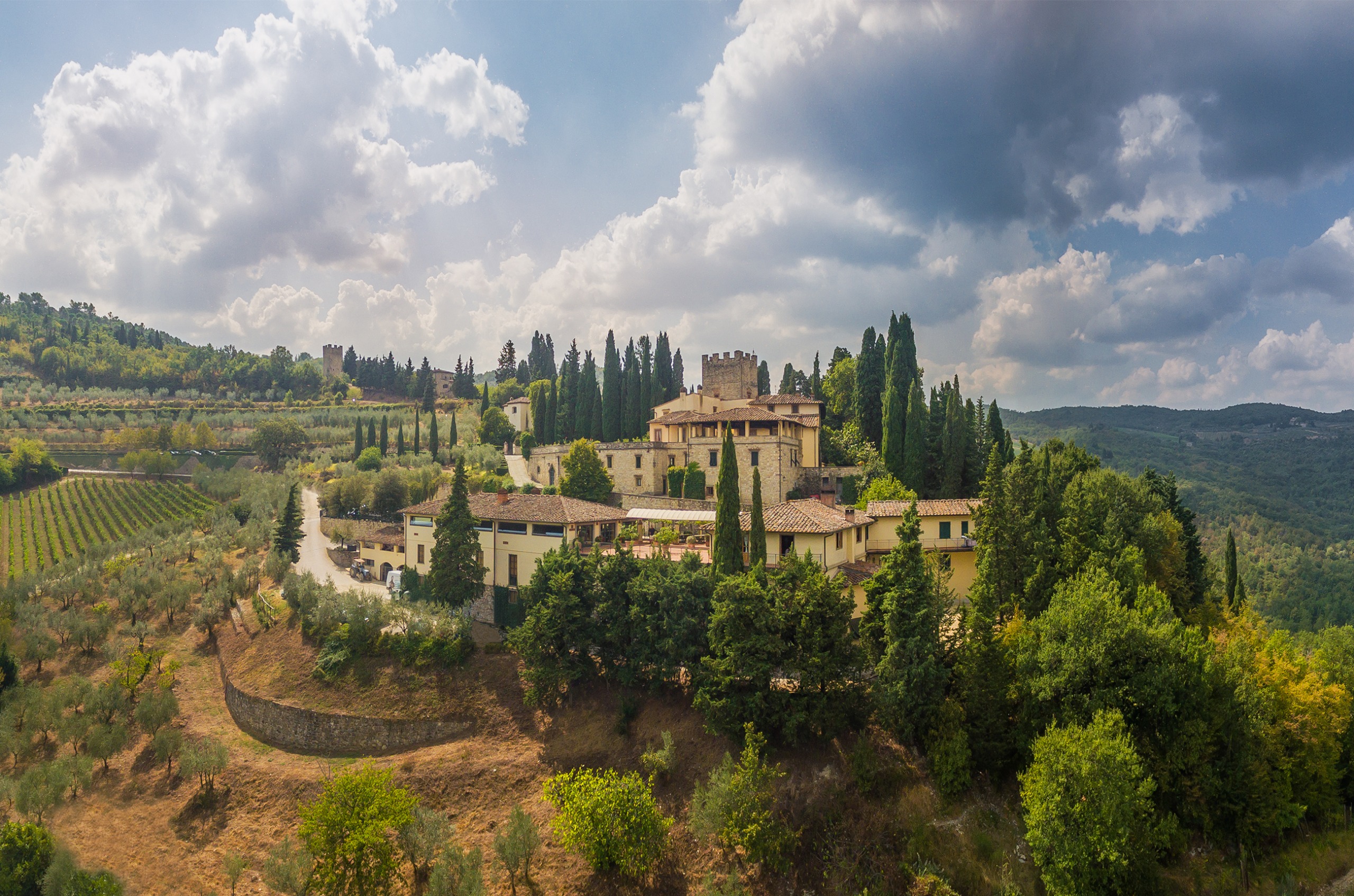 A large castle and buildings set into a hillside, surrounded by trees