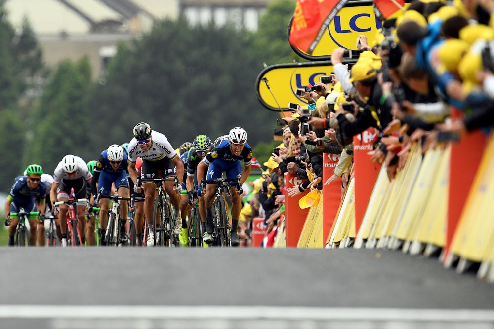 The leaders close in on the finish of stage 2 during the 2015 Tour de France