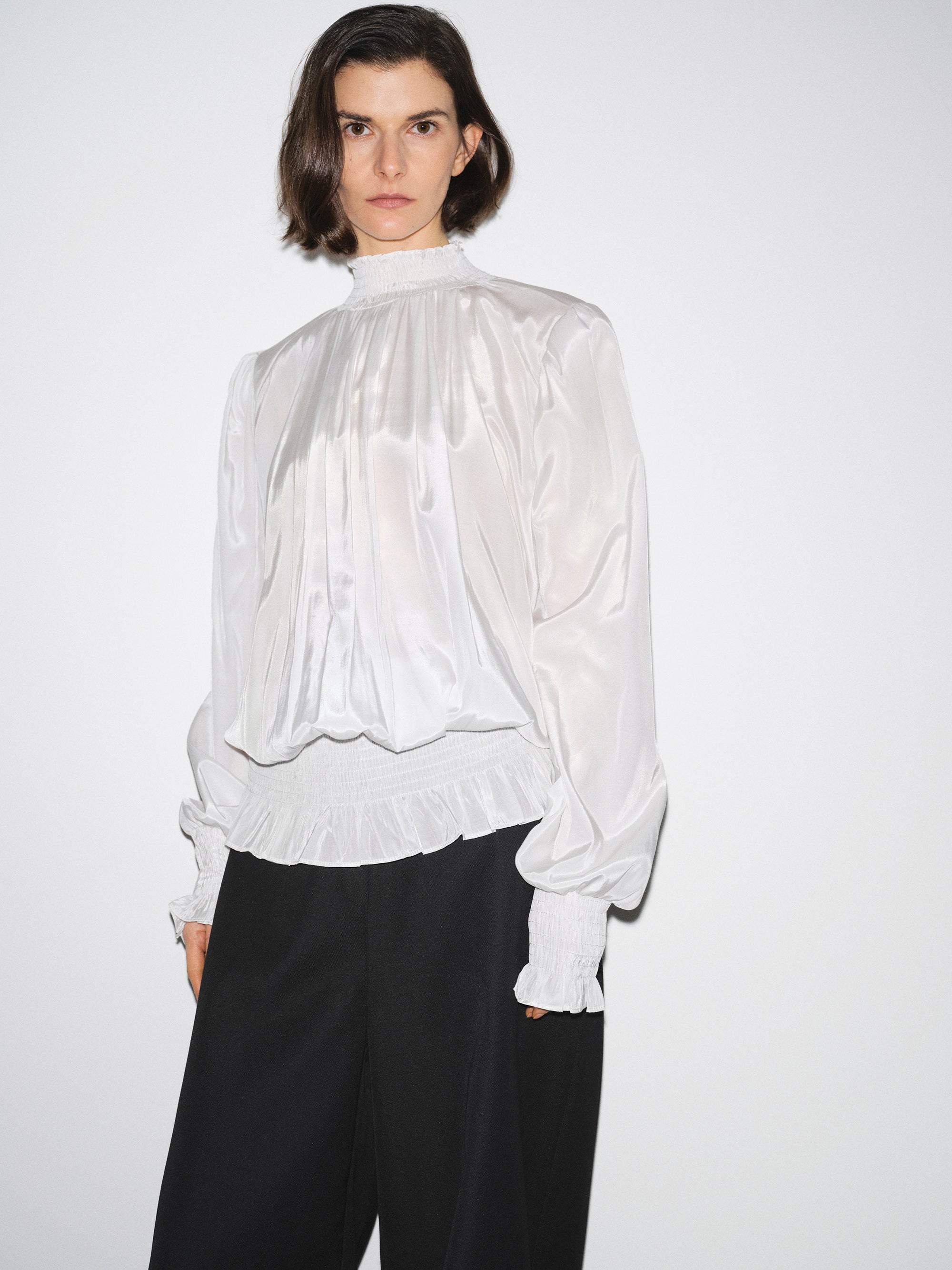 Smocked High-Neck Blouse, Ivory