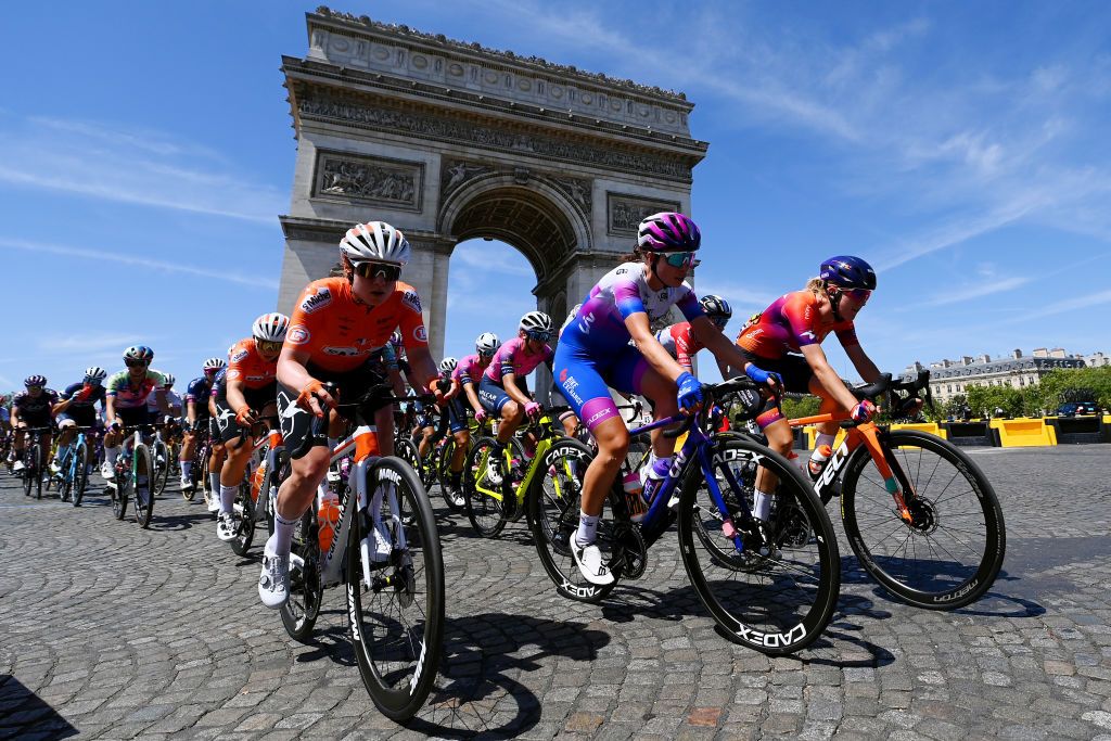 PARIS FRANCE JULY 24 LR Ruby RosemanGannon of Australia and Team Bikeexchange Jayco and Marit Raaijmakers of Netherlands and Team Human Powered Health compete during the 1st Tour de France Femmes 2022 Stage 1 a 817km stage from Paris Tour Eiffel to Paris Champslyses TDFF UCIWWT on July 24 2022 in Paris France Photo by Tim de WaeleGetty Images