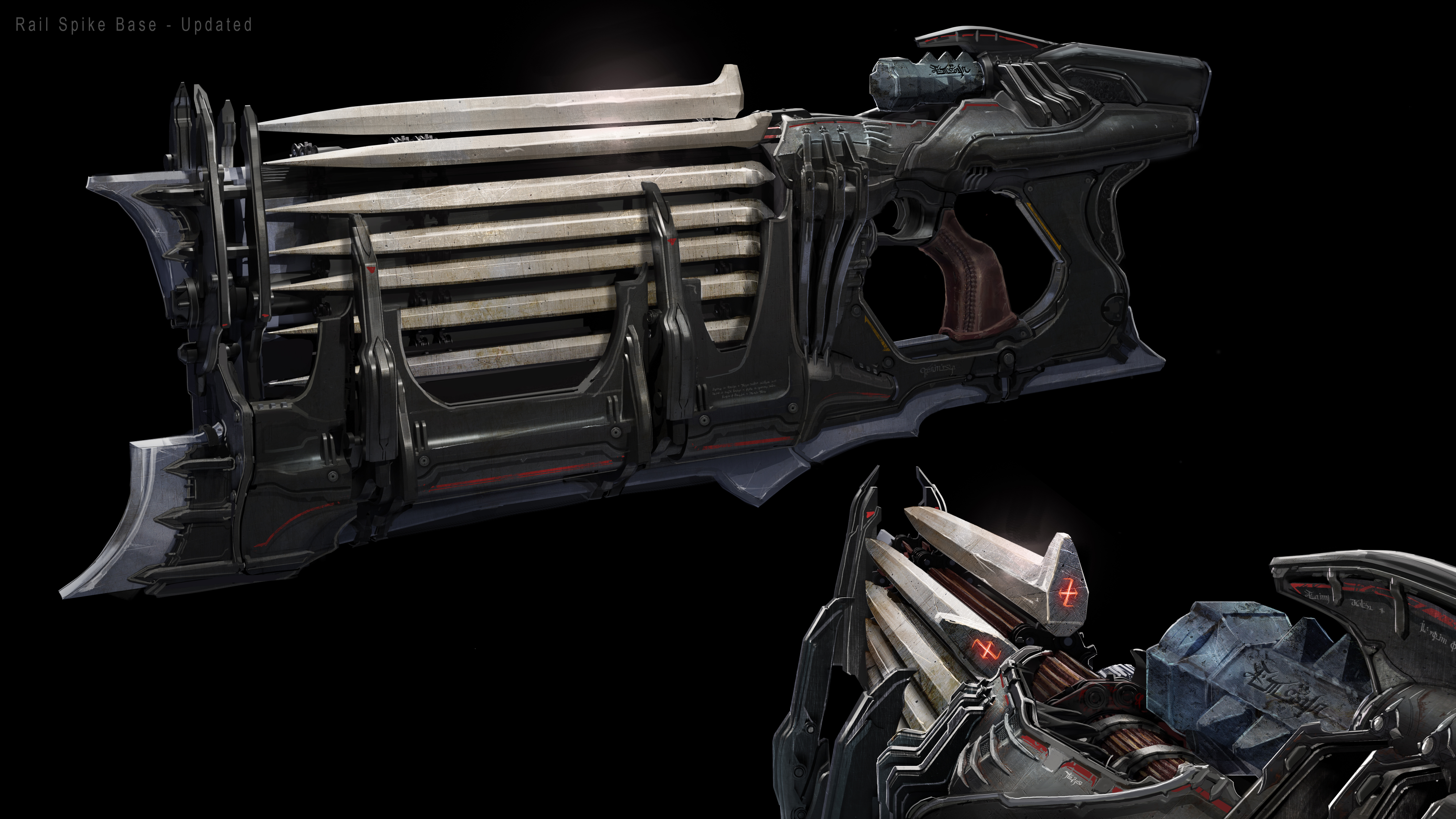 The art of the art of doom: dark 'railspike gun, which shows spikes in question loaded in a deep water in a weapon