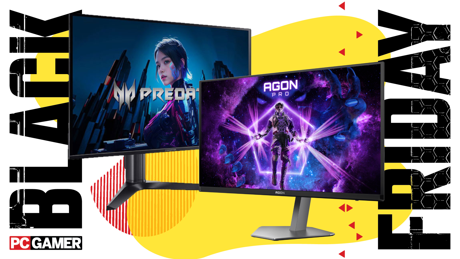 Two 27-inch OLED gaming monitors on a colourful Black Friday deals background with the PC Gamer logo in the bottom right