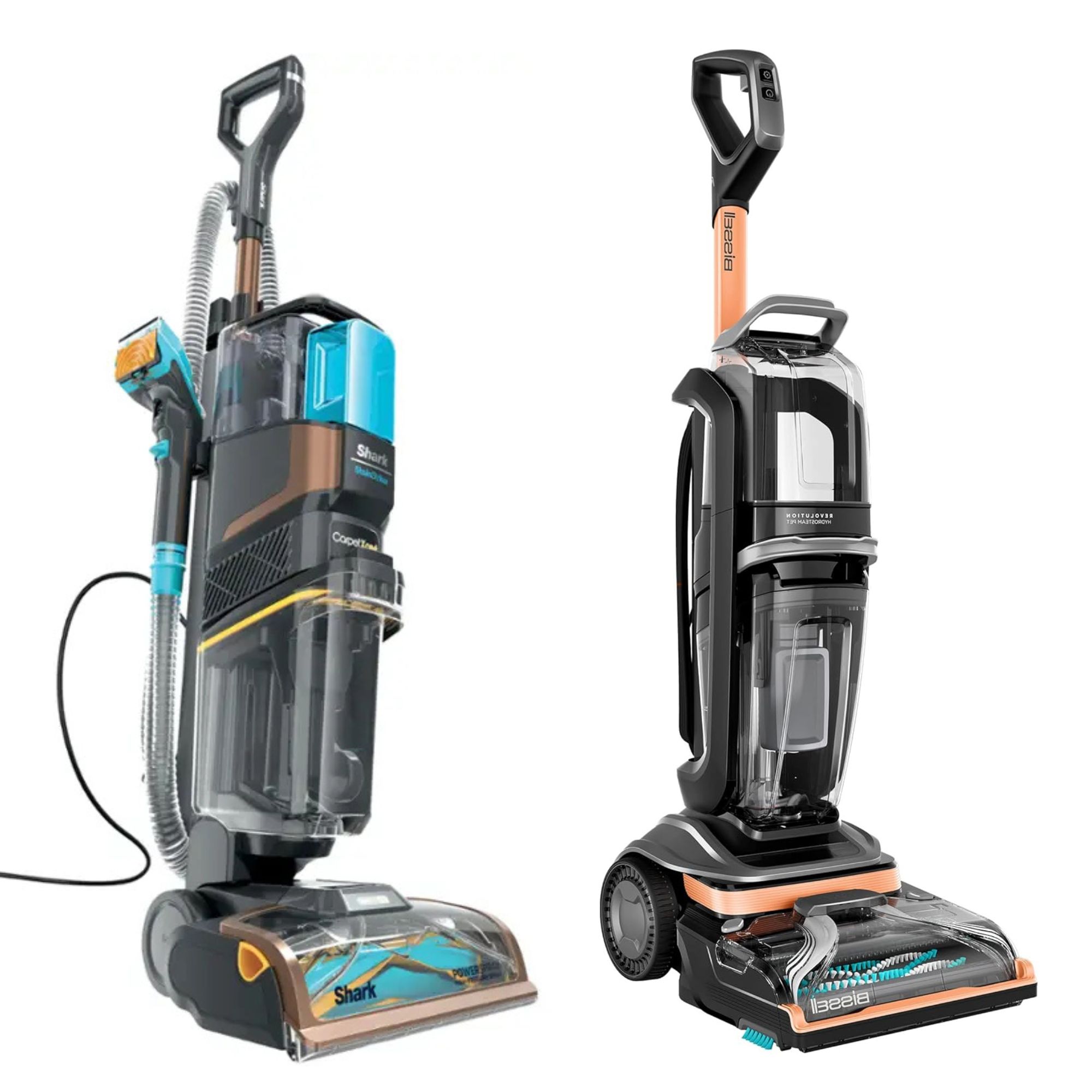 Shark CarpetXpert and Bissell Revolution HydroSteam against white background.