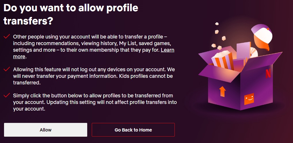 Netflix explains how users can enable account transfers.