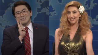 Bowen Yang and Heidi Gardner appear on Saturday Night Live's Weekend Update