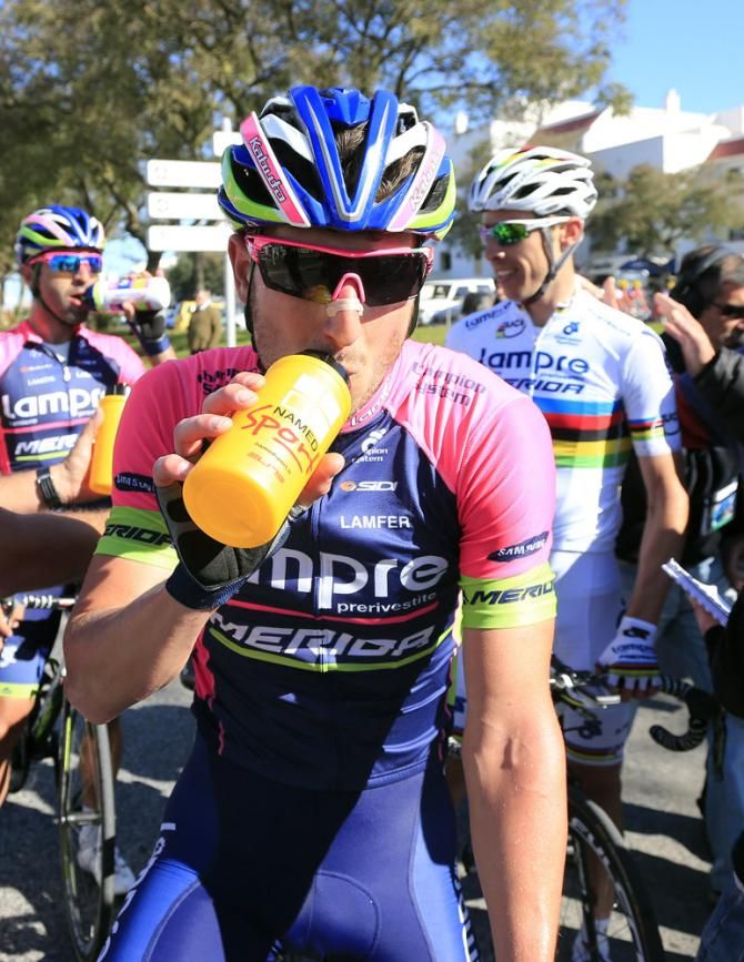 Volta ao Algarve stage 1 winner Sacha Modolo (Lampre-Merida) grabs a drink before heading to the podium