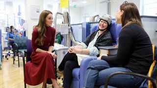 Catherine, Princess of Wales talks with Katherine Field during a visit to The Royal Marsden Hospital on January 14, 2025