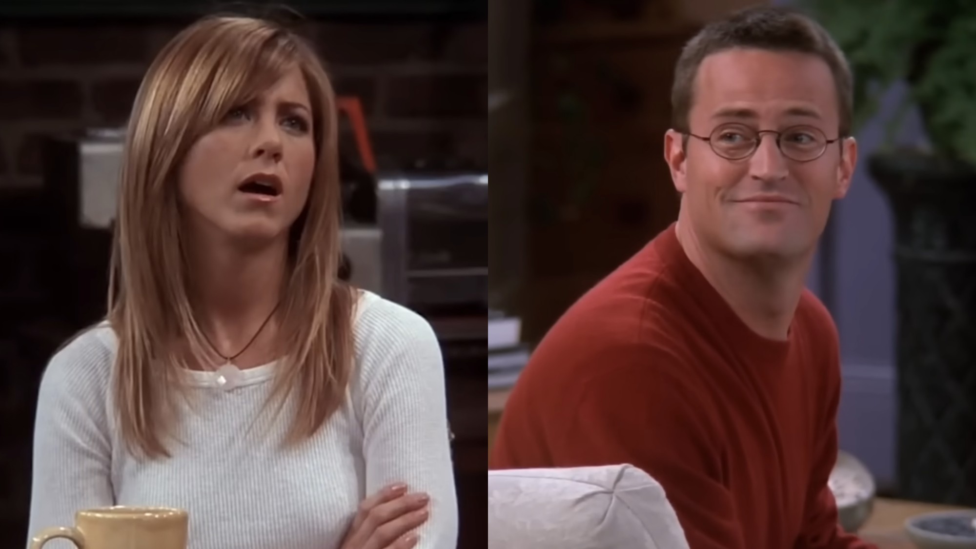Rachel Green (Jennifer Aniston) looks up at Ross Gellar, while Chandler Bing (Matthew Perry) looks over his shoulder on Friends.