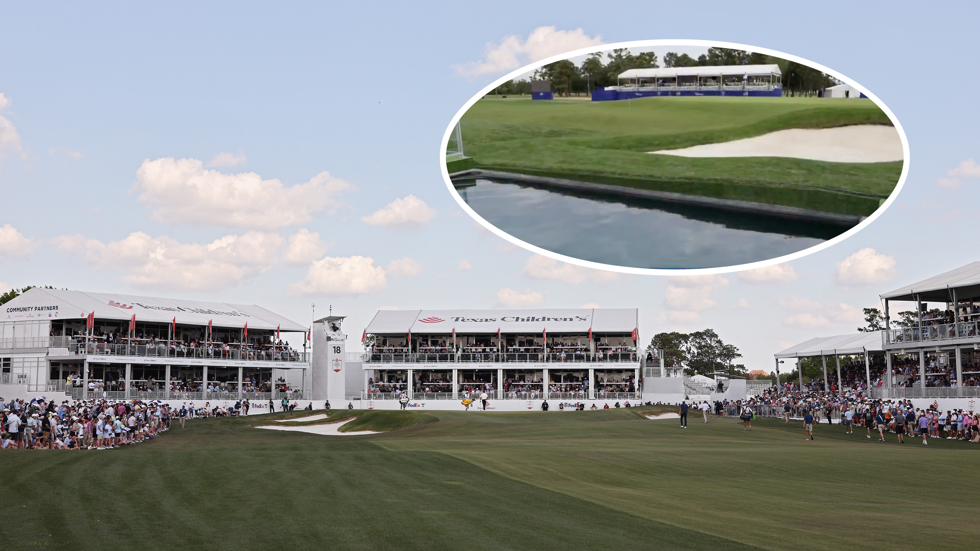 A general view of the 18th hole at Memorial Park Golf Course with an inset photo of the new temporary Poppie's Pond in place