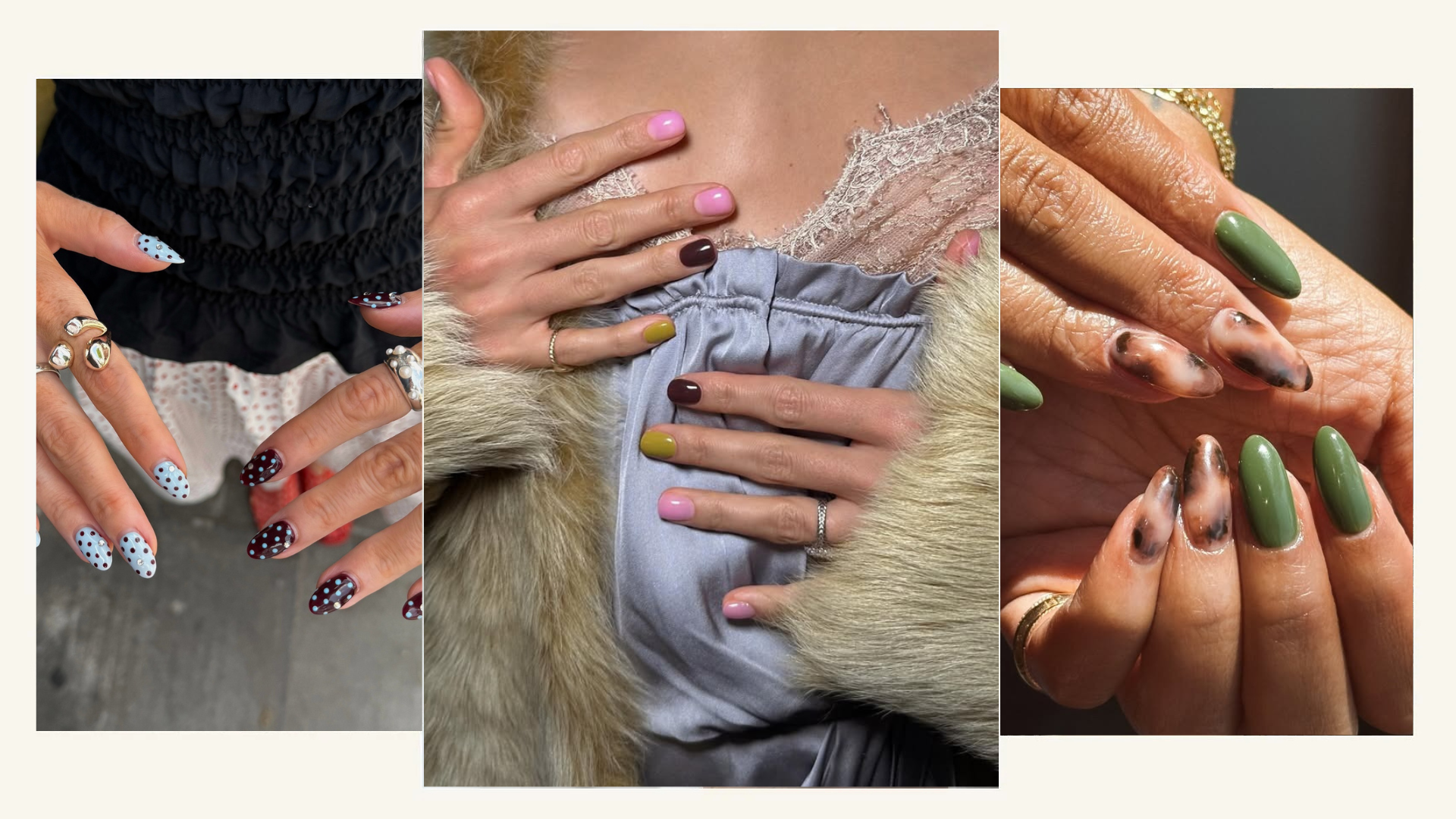 Photo collage of fashion-forward nail color combinations 