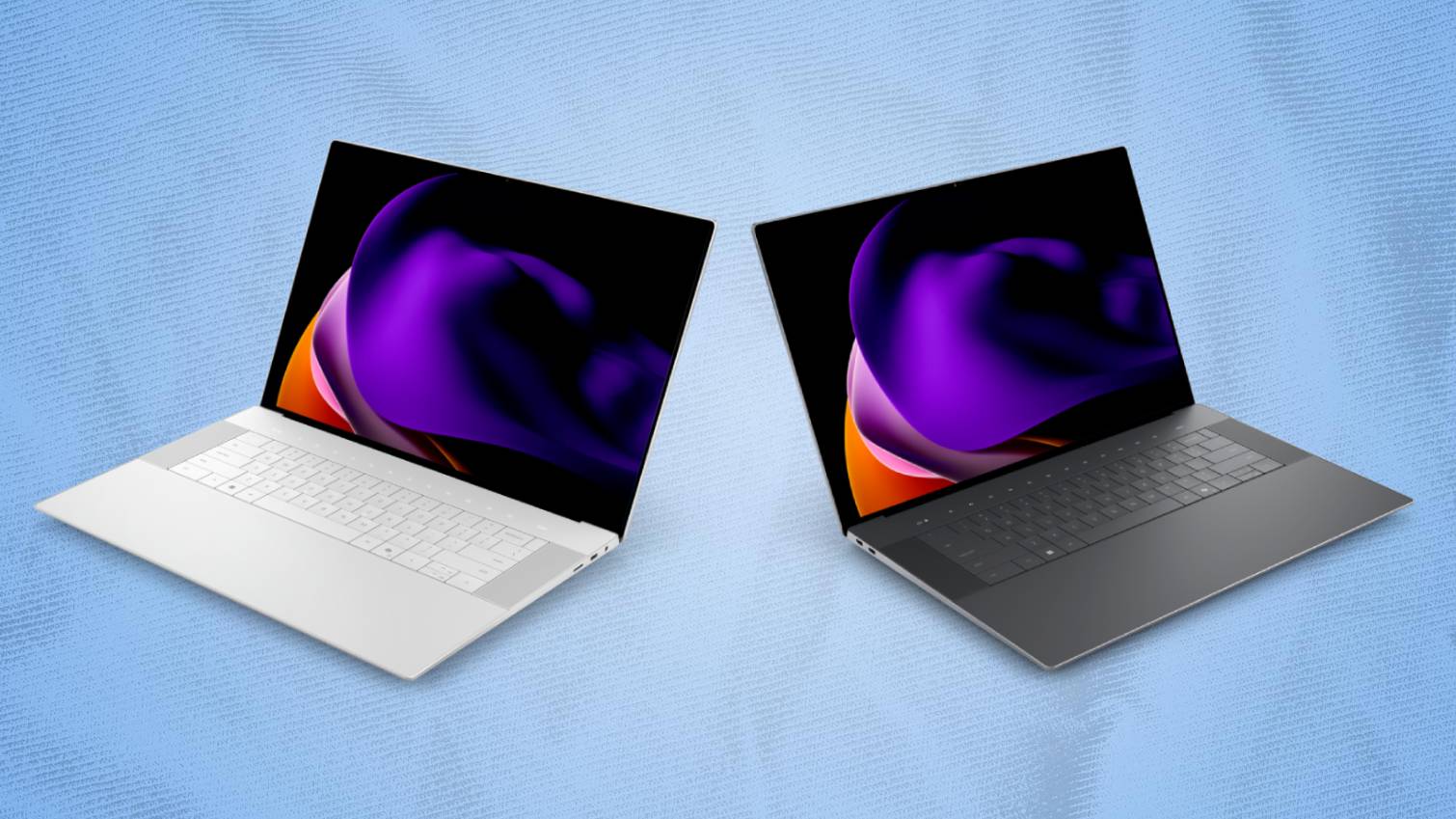 Dell 16 Premium laptops in white and black on blue colored background