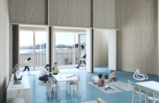 minimalist room with children playing and large window looking out to snowy landscape