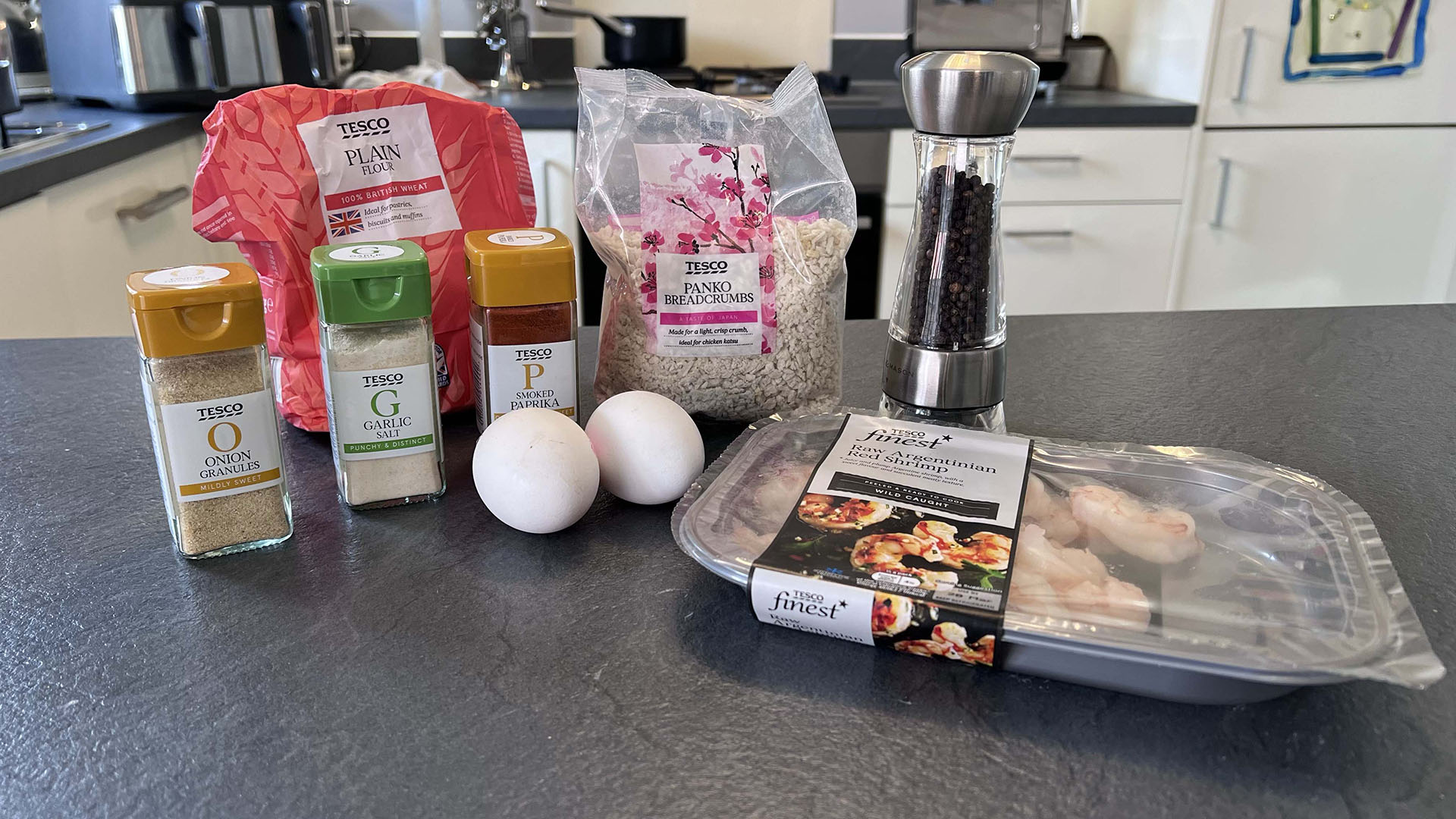 Ingredients for air fryer shrimp on the kitchen counter