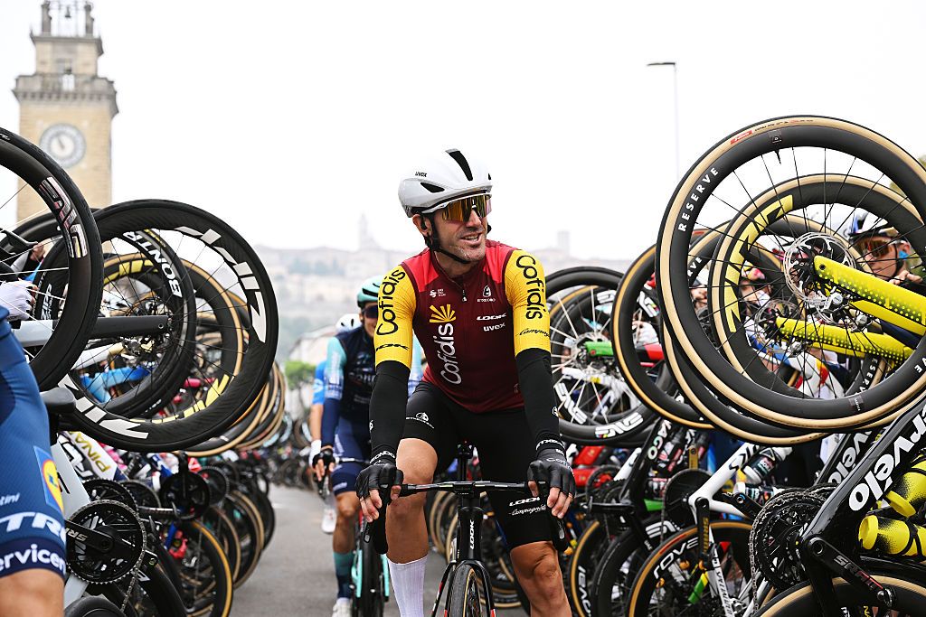 BERGAMO, ITALY - OCTOBER 10: Ion Izagirre of Spain and Team Cofidis is being honored by his teammates on his last day as a professional cyclist prior to the 120th Il Lombardia 2026 a 239km one day race from Bergamo to Como / #UCIWT / on October 10, 2026 in Bergamo, Italy. (Photo by Dario Belingheri/Getty Images)