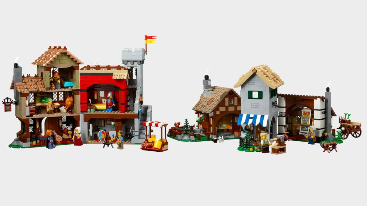 Lego Medieval Town Square seen from behind, on a plain background