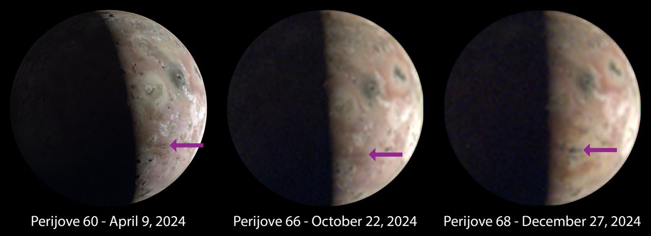 Three images of Io showing surface changes over time near the moon's southern region.