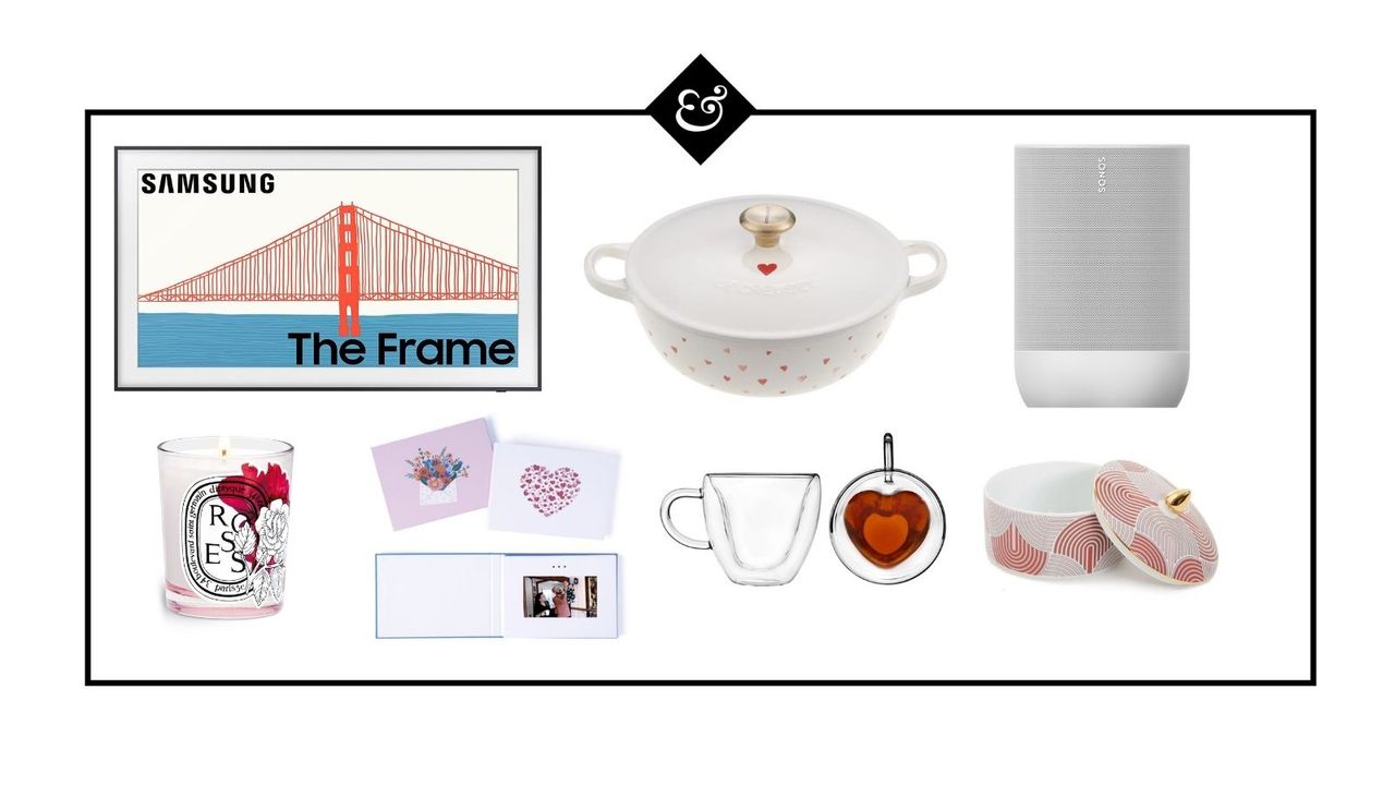 Valentine&#039;s Day gift guide graphic with Le Creuset, Samsung Frame, Sonos Move