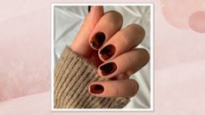 A close-up of a hand with short, tortoiseshell animal print nails - by nail artist, Megan Rose - in front of a white bedding background/ in a pink watercolour paint-style template