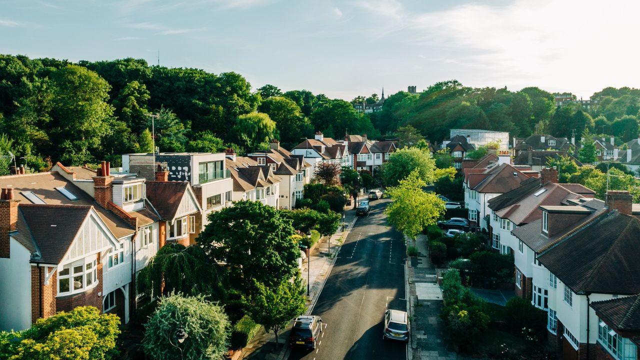 rows of houses on a UK street with trees and greenery in the background