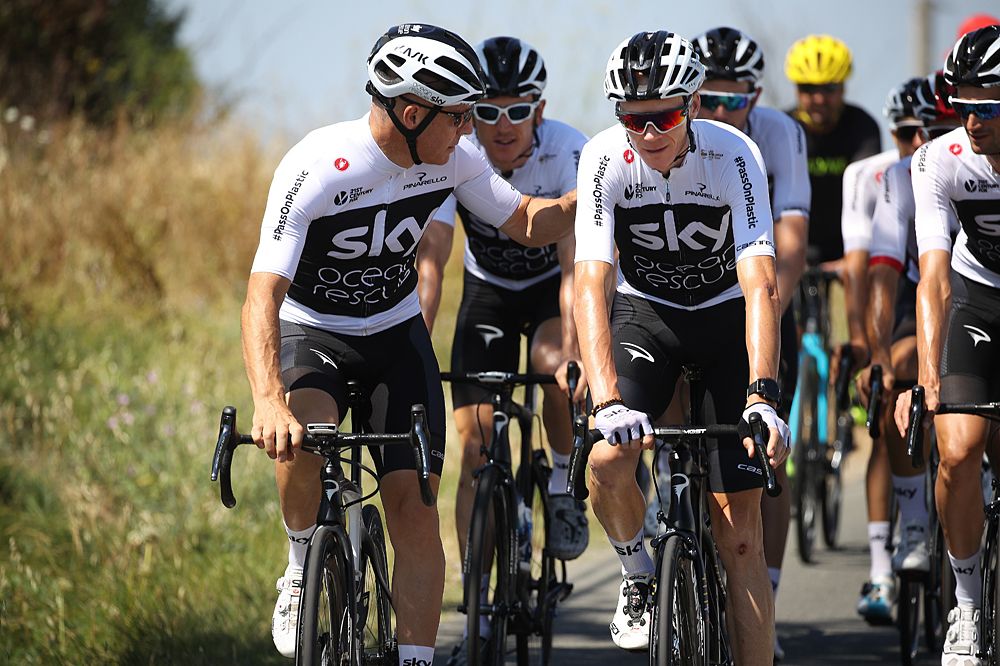 Team Sky manager Dave Brailsford out for a ride next to Christopher Froome on the second rest day at the Tour de France