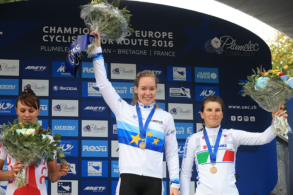 Katarzyna Niewiadoma (Poland), Anna van der Breggen (Netherlands) and Elisa Longo Borghini (Italy) on the European championships podium