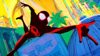 Spider-Man Across the Spider-Verse_Miles Morales as Spider-Man swinging through the streets.