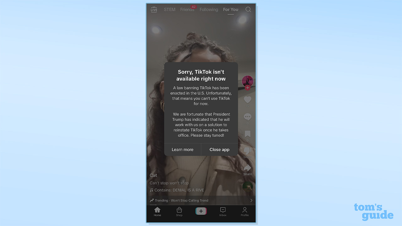 A pop-up on the TikTok app when accessed in the US that reads: &amp;quot;Sorry, TikTok isn't available right now. A law banning TikTok has been enacted in the US. Unfortunately, that means you can't use TikTok for now. We are fortunate that President Trump has indicated he will work with us on a solution to reinstate TikTok once he takes office. Please stay tuned!&amp;quot;