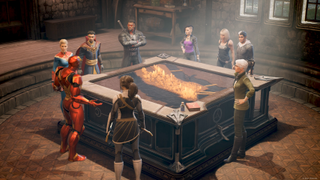 Midnight Suns - The assembled Midnight Suns plan around a war table in the Abbey.