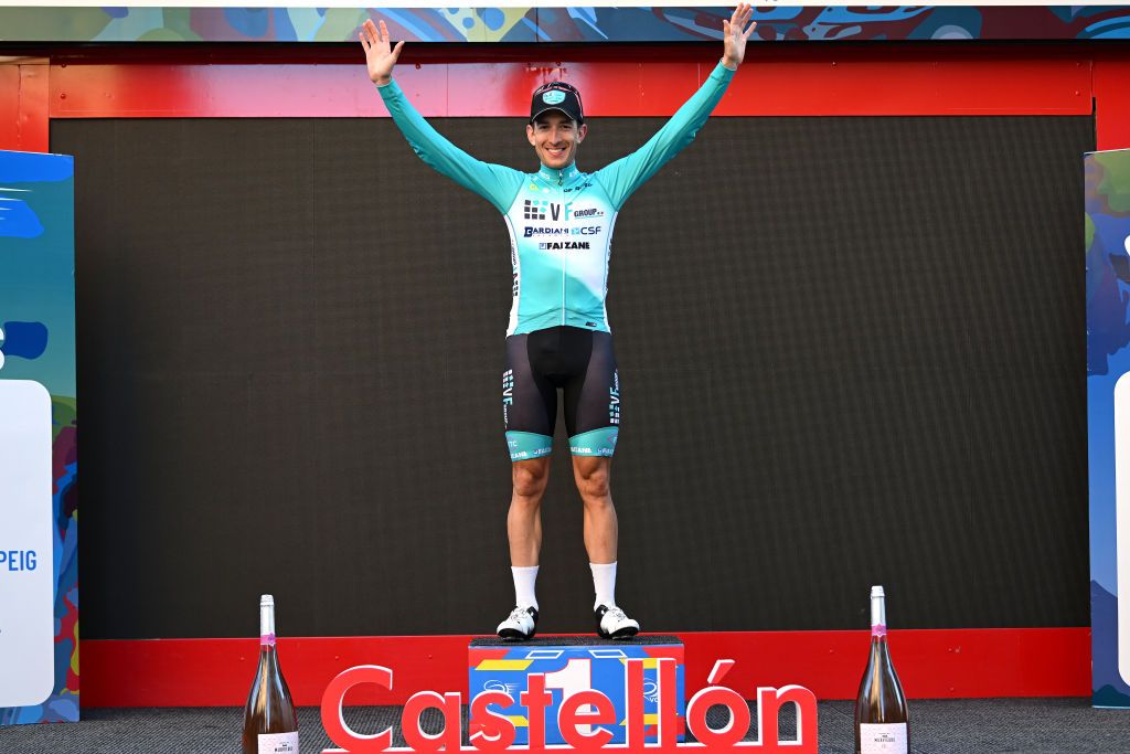 CASTELLON SPAIN JANUARY 31 Alessandro Tonelli of Italy and Team VF GroupBardiani CSF celebrates at podium as stage winner during 75th Volta a la Comunitat Valenciana 2024 Stage 1 a 167km stage from Benicassim to Castellon de la Plana on January 31 2024 in Castellon Spain Photo by Dario BelingheriGetty Images