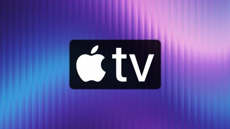 Apple TV logo on a purple, blue, and pink background